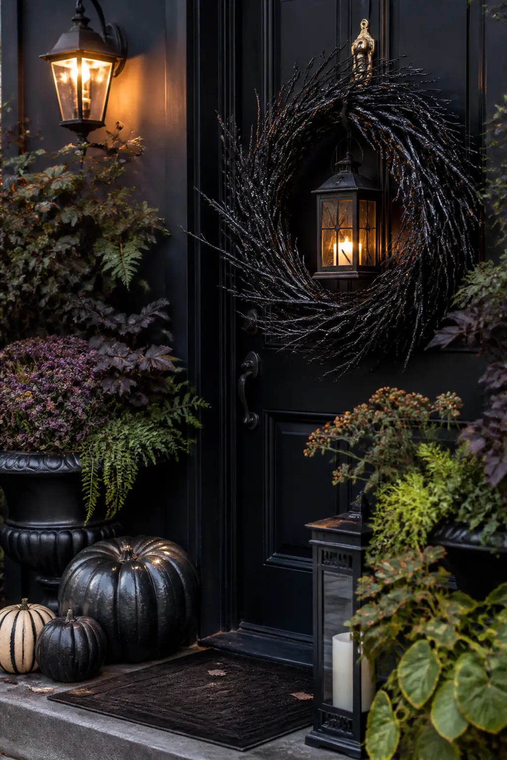Black Glitter Branch Wreath with an Inner Lantern