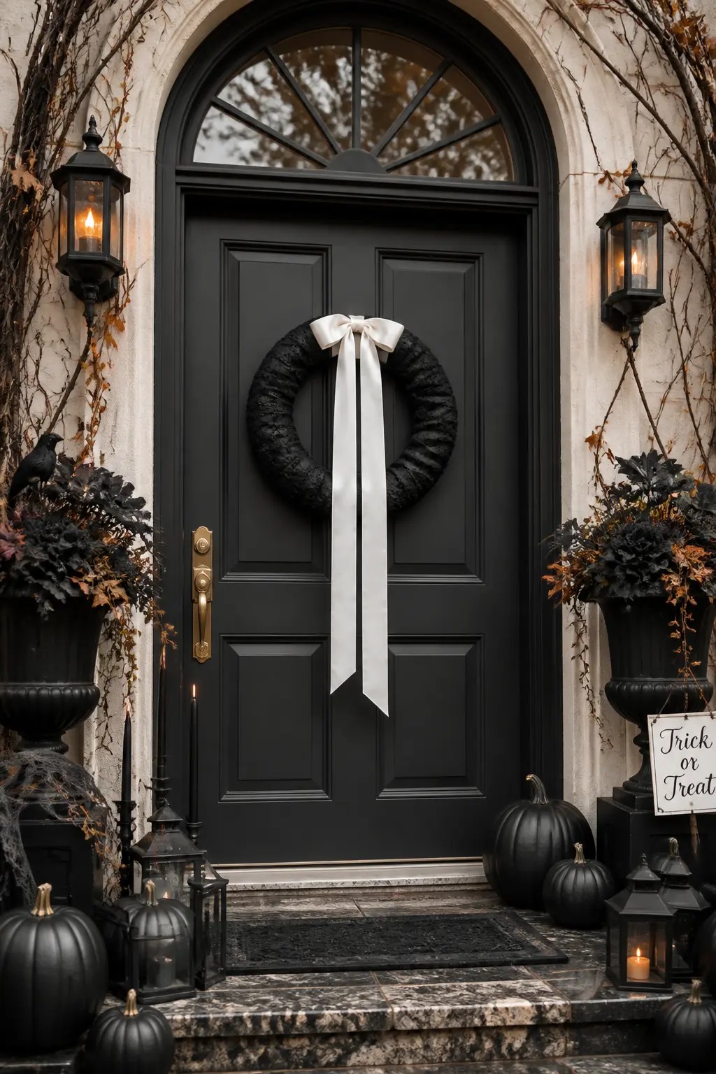 Black Lace-Wrapped Wreath with a White Ribbon Streamer