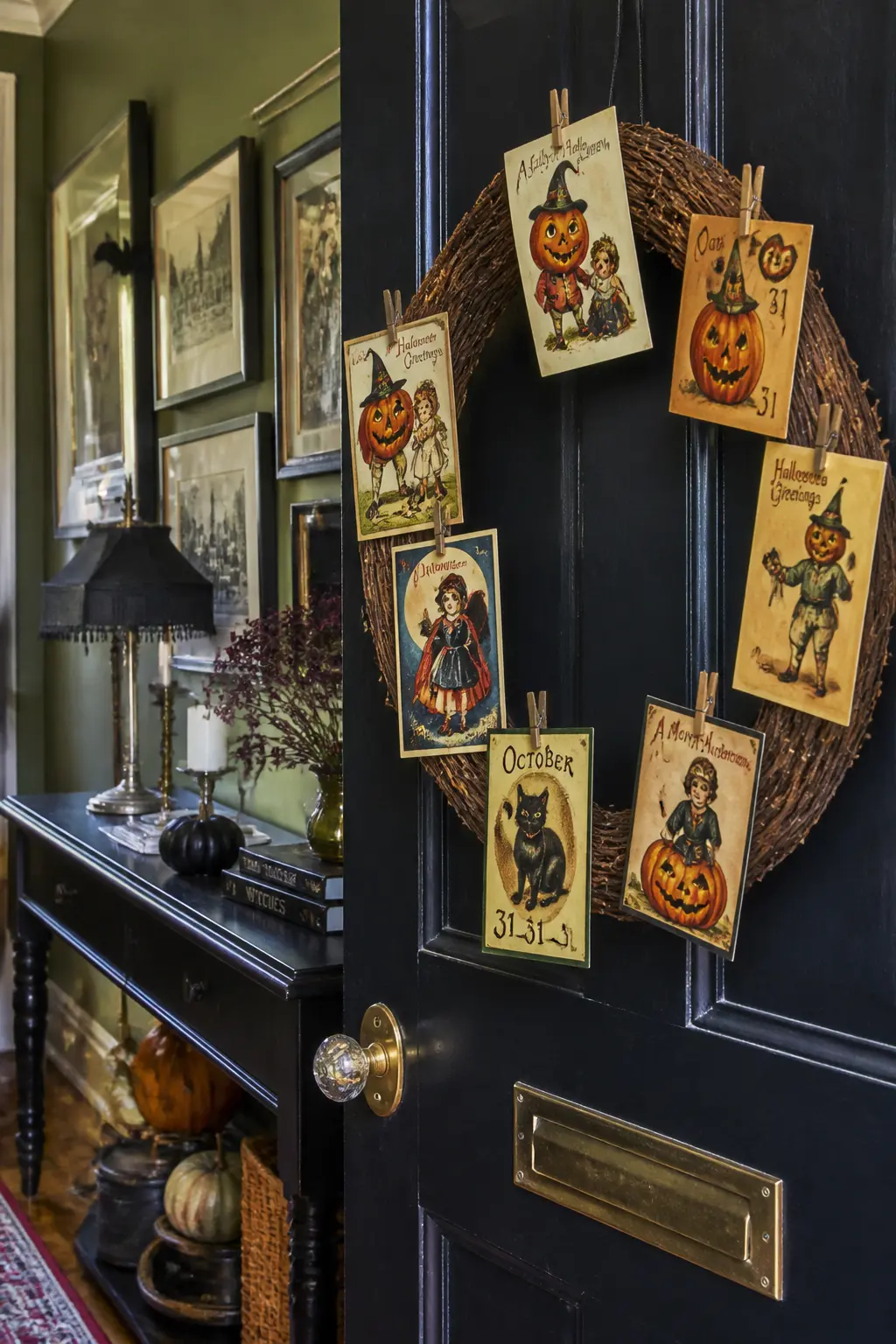 Vintage Halloween Postcards on a Grapevine Base