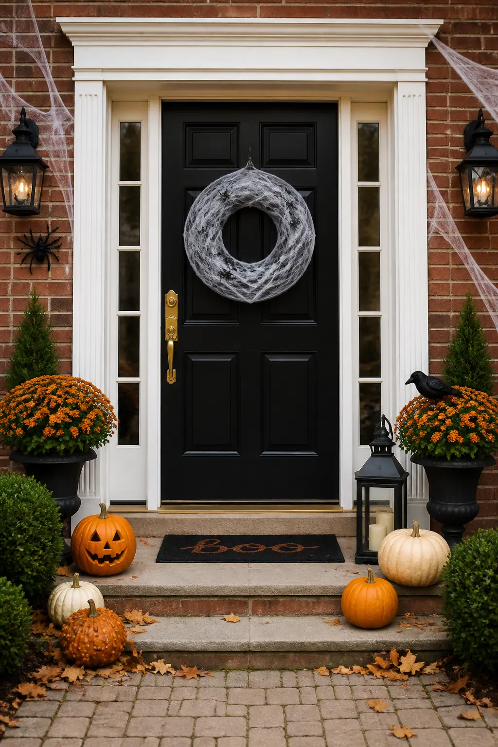 Wreath with Small Plastic Spiders on a White Web