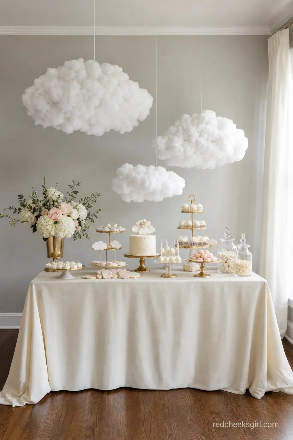 A Ceiling Hung Cotton Cloud Cluster — Three or four cotton cloud shapes, suspended at slightly different heights above the dessert table, catch the eye before