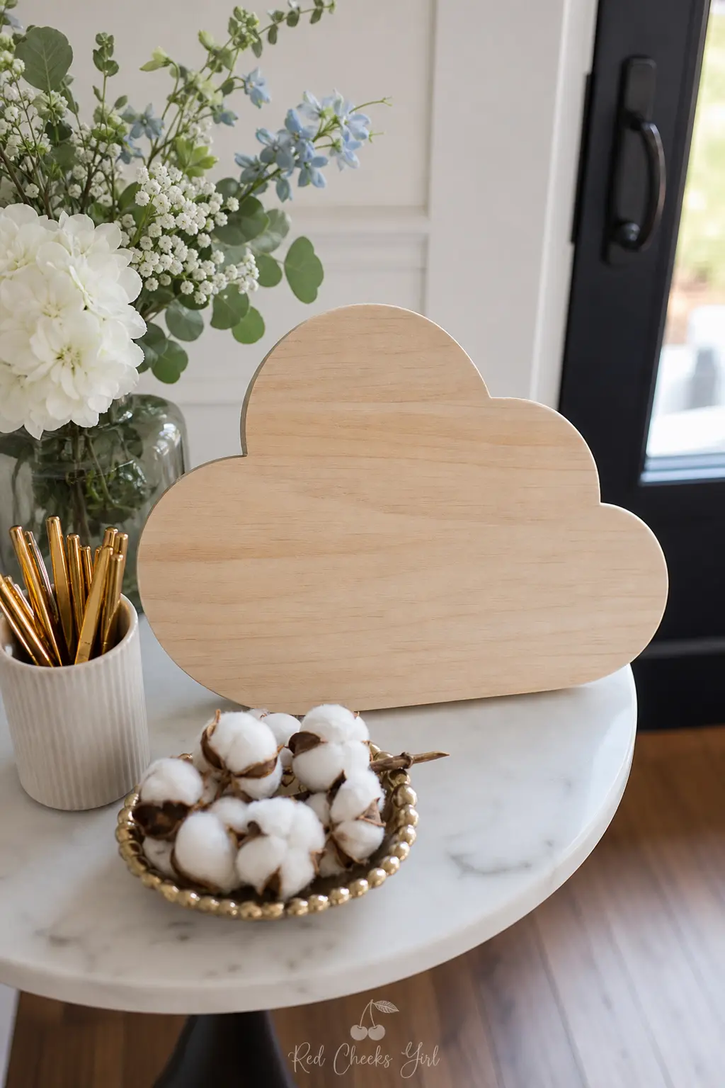 A Cloud Shaped Blessing Board — Instead of a guest book, set a small table near the door with a cloud shaped board and a cup of gold pens. Heaven sent baby