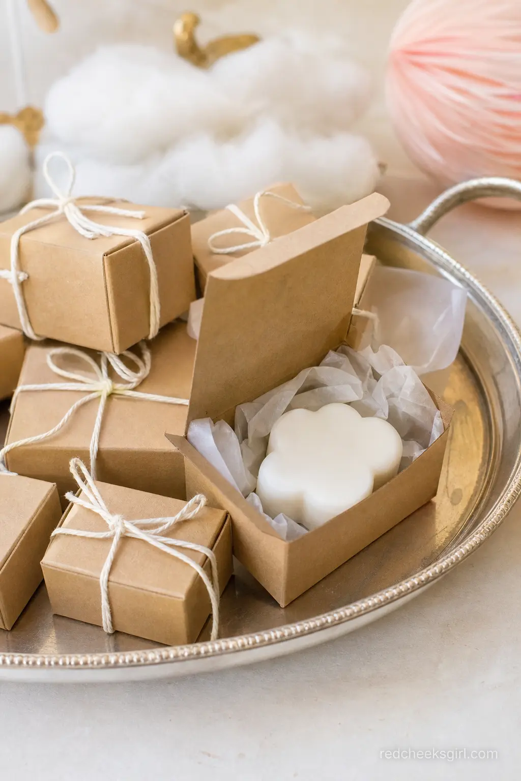 Mini Cloud Soaps in Kraft Boxes — Small cloud shaped soaps, wrapped in tissue and boxed in plain kraft, cost very little per guest but photograph beautifully