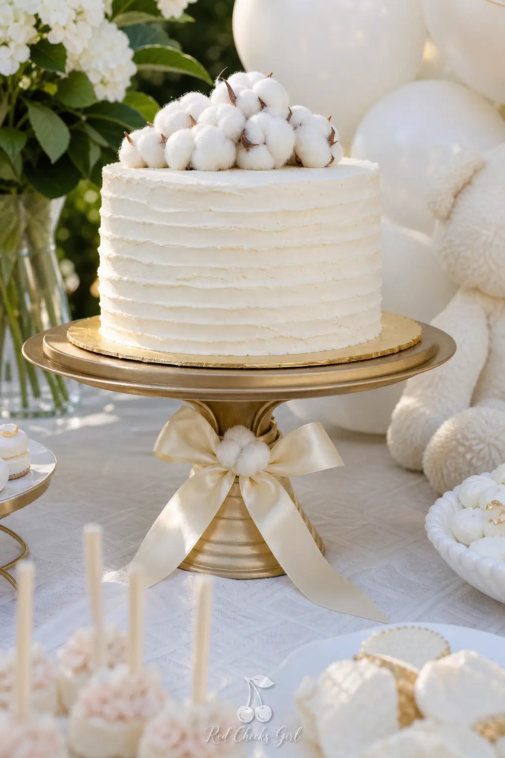 A Ribbon Wrapped Dessert Pedestal — An otherwise plain gold pedestal, wrapped at its base with a wide silk ribbon and topped with a single cotton cloud tuft