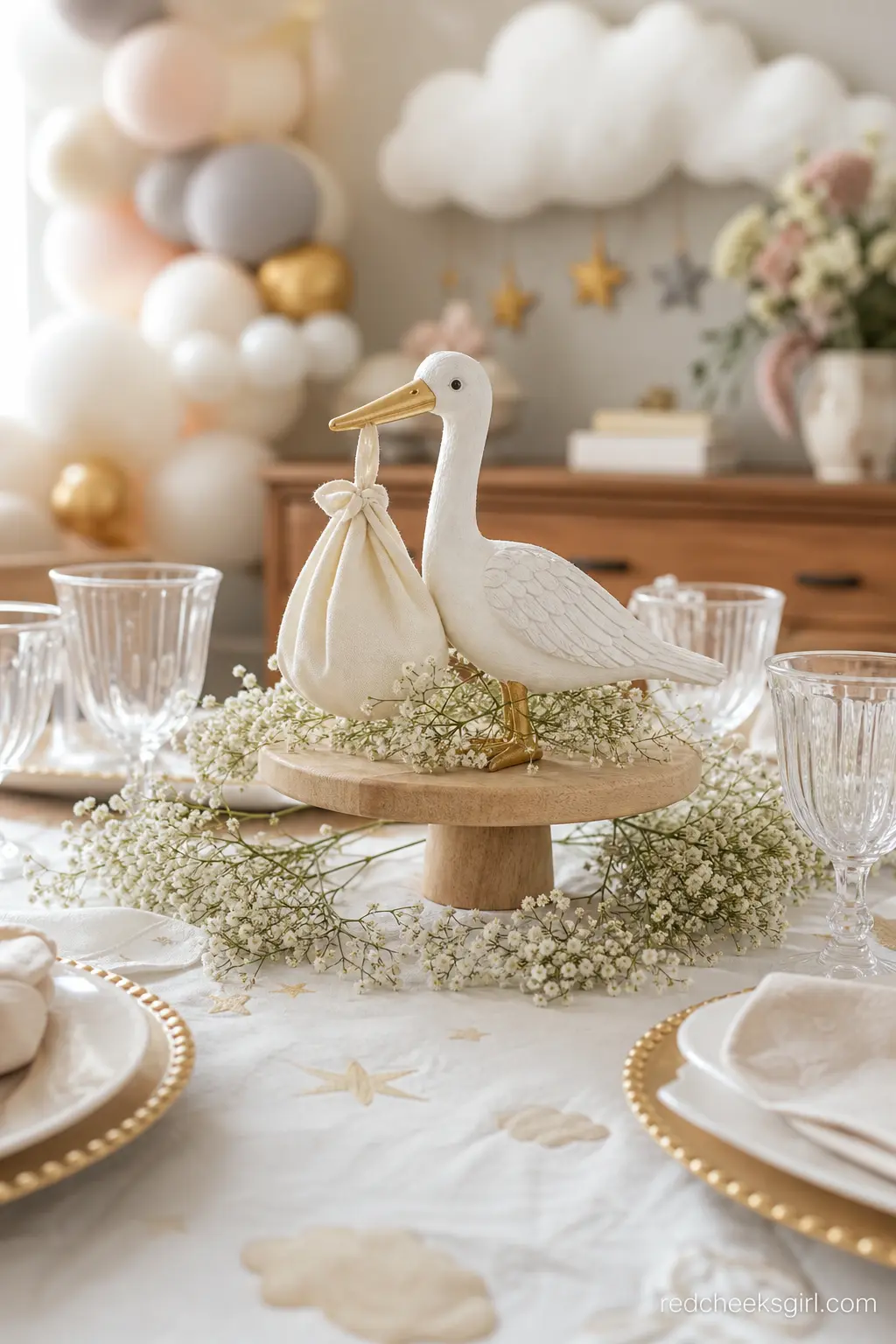 A Stork Bundle Centerpiece — A small stork figure carrying a fabric bundle, set on a low wooden riser at the center of the table, nods to the classic