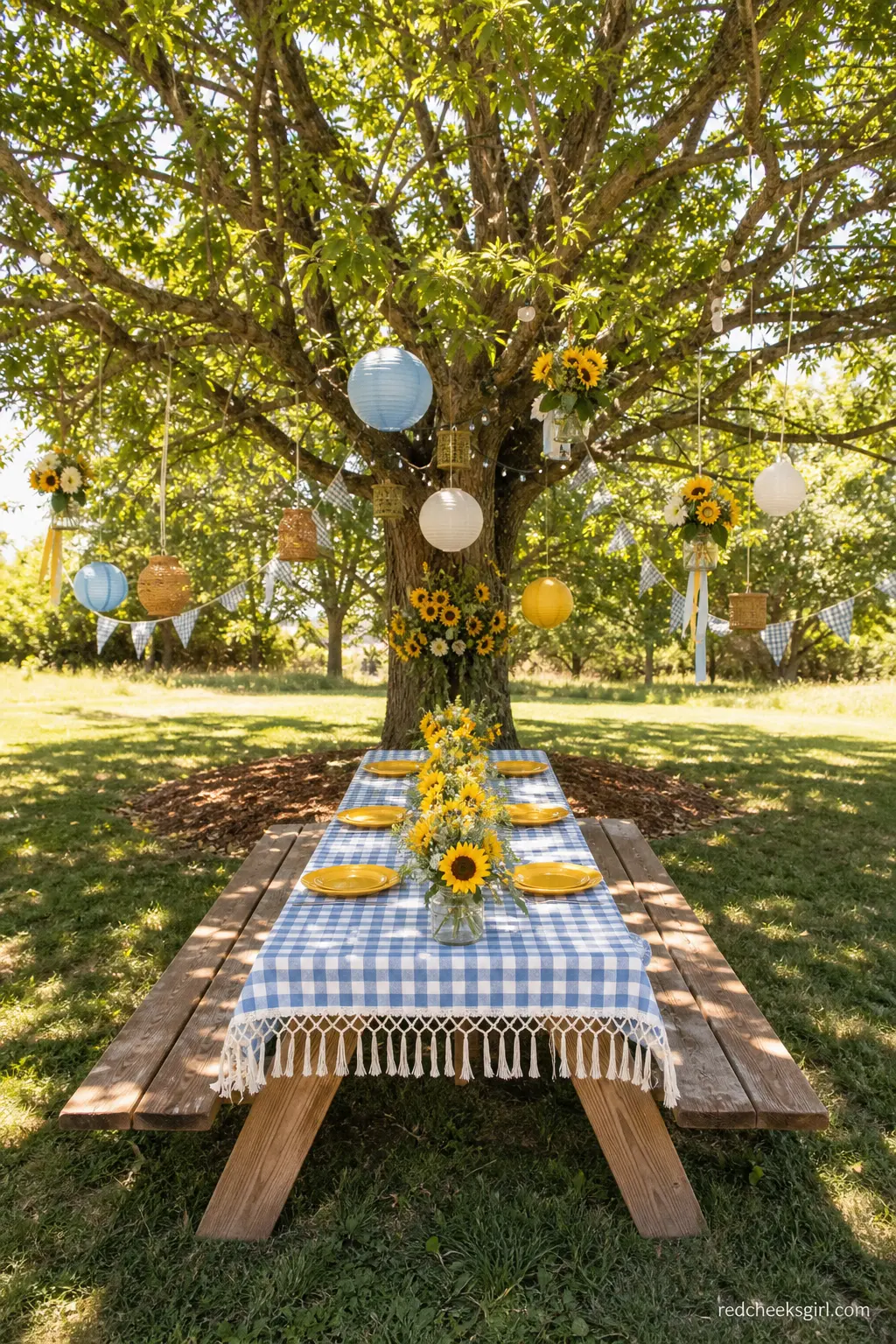 Blue Gingham Picnic Table with Sunflower Jars — For an outdoor shower, a blue gingham cloth over a picnic table reads casual and cheerful rather than fussy.