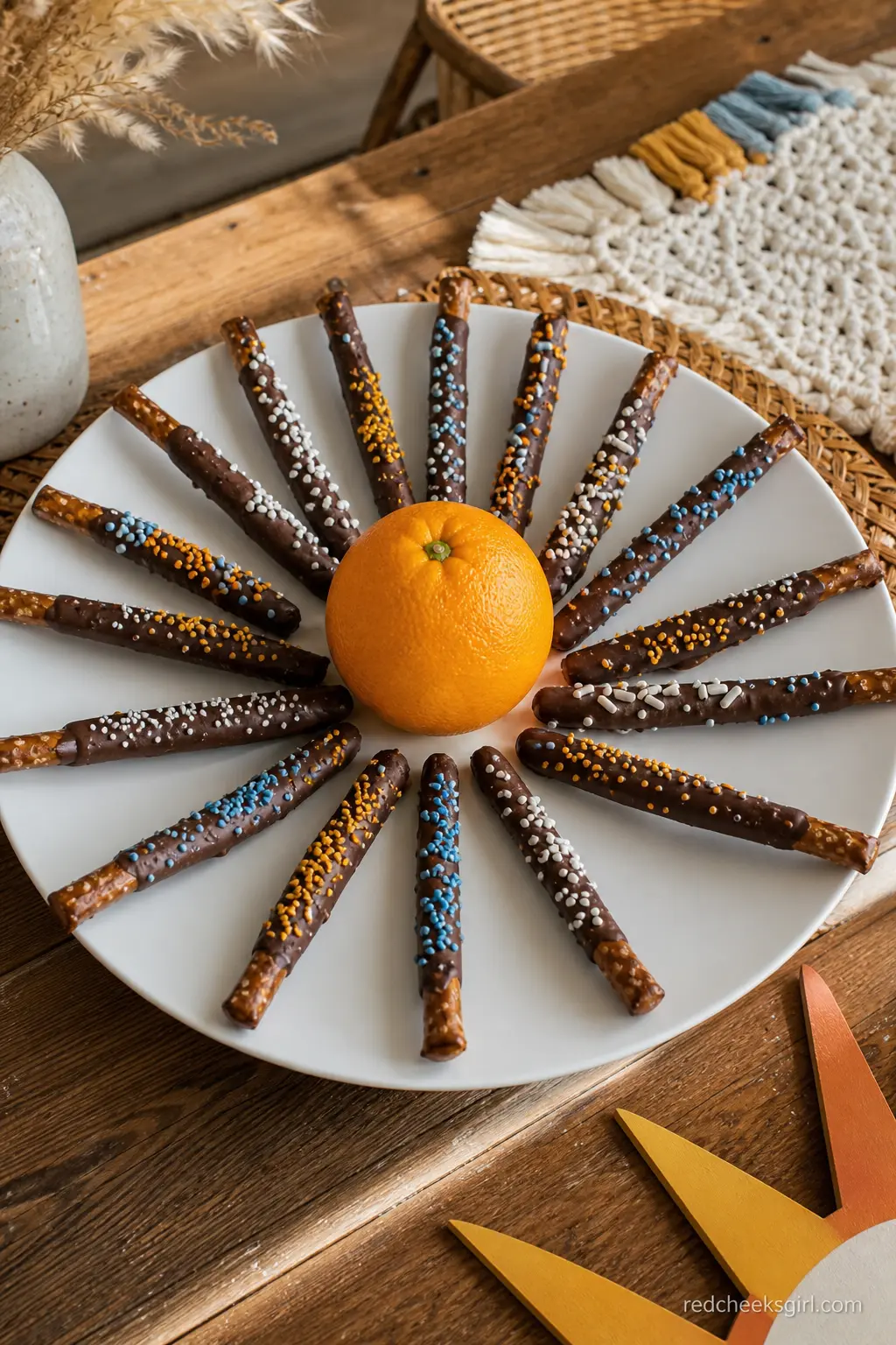 Chocolate Pretzel Sun Ray Display — Chocolate-dipped pretzel rods arranged radiating outward from a whole orange in the centre of a plate mimic sun rays with
