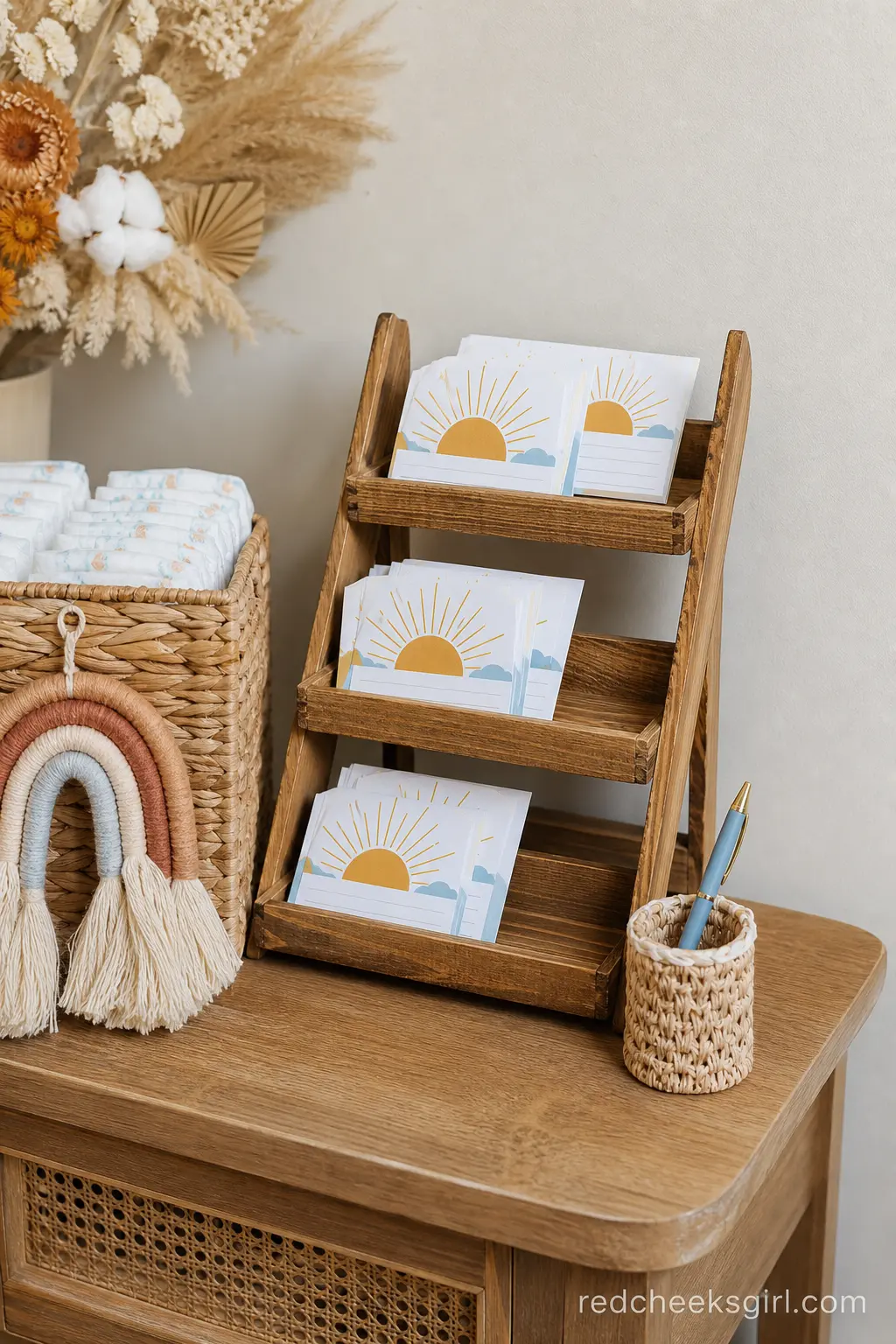 Diaper Raffle Card Display — A small tiered stand holding raffle cards printed with a sun motif, next to a basket for finished entries, keeps this tradition