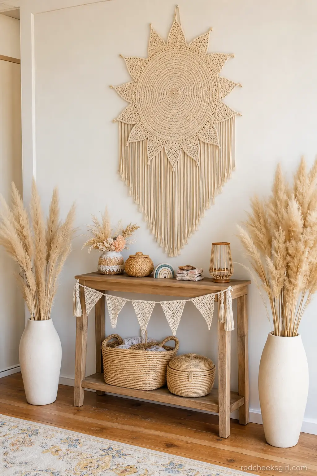 Macrame Sun Wall Hanging Entrance — For a quieter, more textural welcome, a woven macrame disk with a fringed edge reads as sun without a single balloon. Here