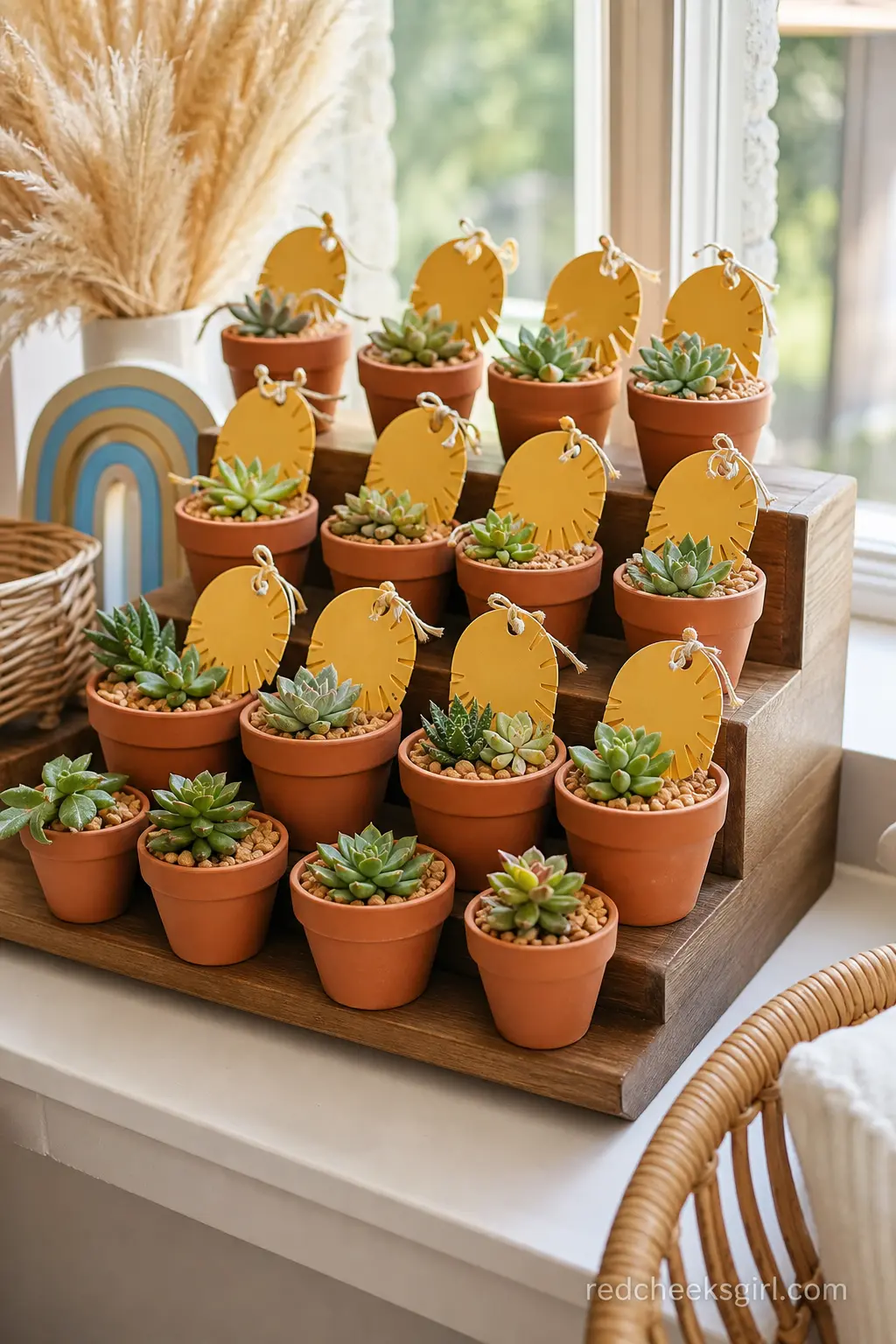 Mini Terracotta Succulent Favors — Rows of small terracotta pots holding tiny succulents, each with a hand-lettered yellow tag, sit along a tiered stand as