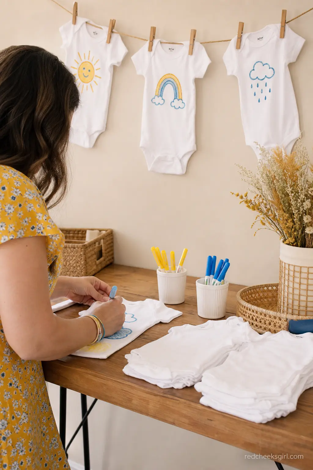 Onesie Decorating Station — A table stacked with plain white onesies, fabric markers in yellow and blue, and a small clothesline strung above to hang the