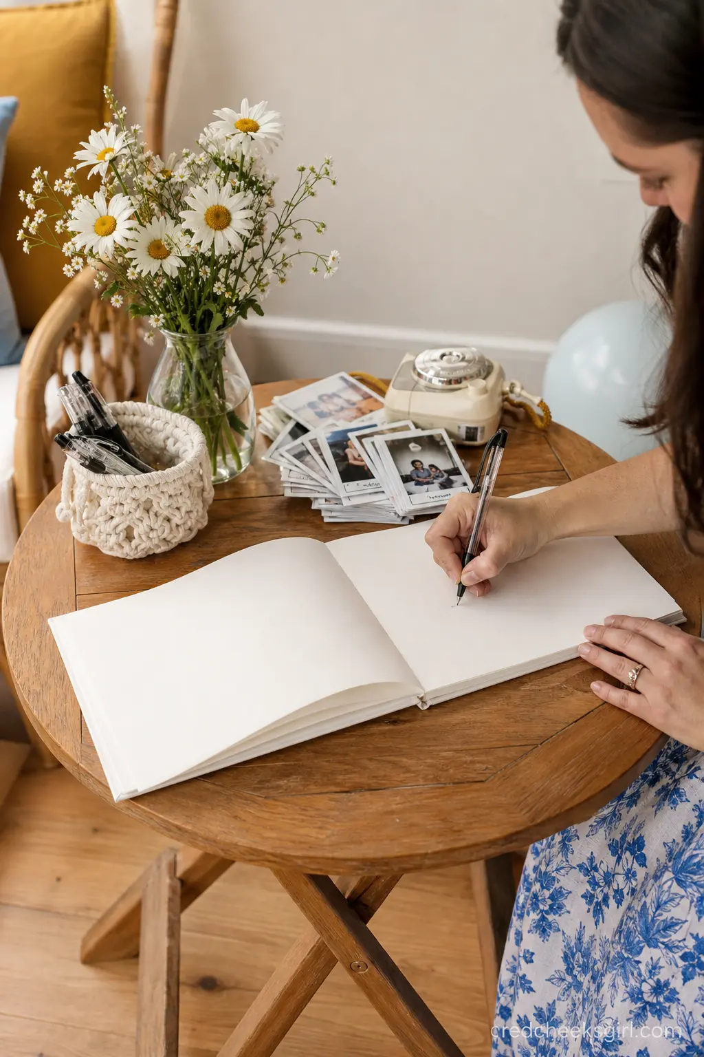 Photo Guest Book Table — A small side table holding an open blank book, a stack of instant photos already taken of guests as they arrive, and a jar of pens