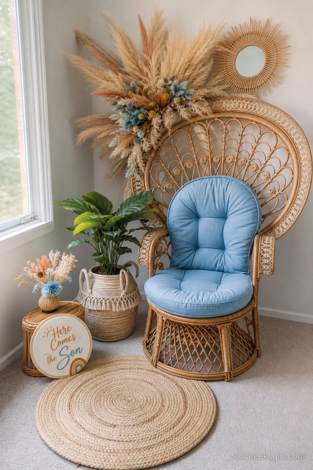 Rattan Peacock Chair Photo Nook — An empty rattan peacock chair dressed with a sky blue cushion becomes an instant photo spot without any building at all. Here