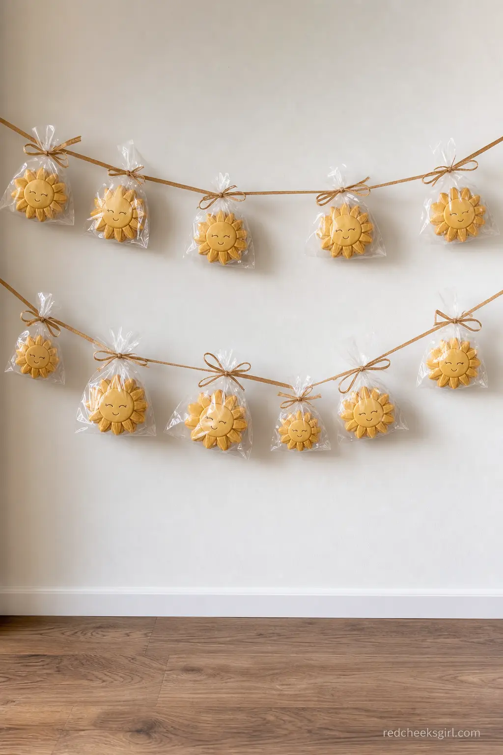 Sun Cookie Favor Bag Wall — Small cellophane bags of sun-shaped cookies hang from a ribbon garland strung across a wall, so favors double as a decor moment