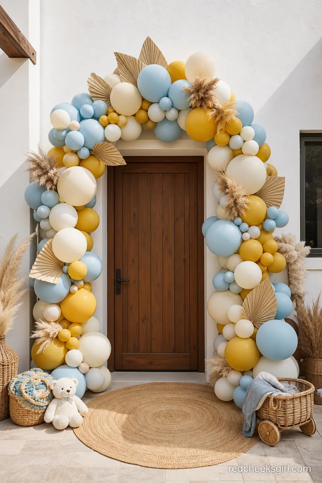 Sunburst Balloon Arch Doorway — A rounded arch over the front door tells every guest they have arrived at the right party before they even say hello. Here