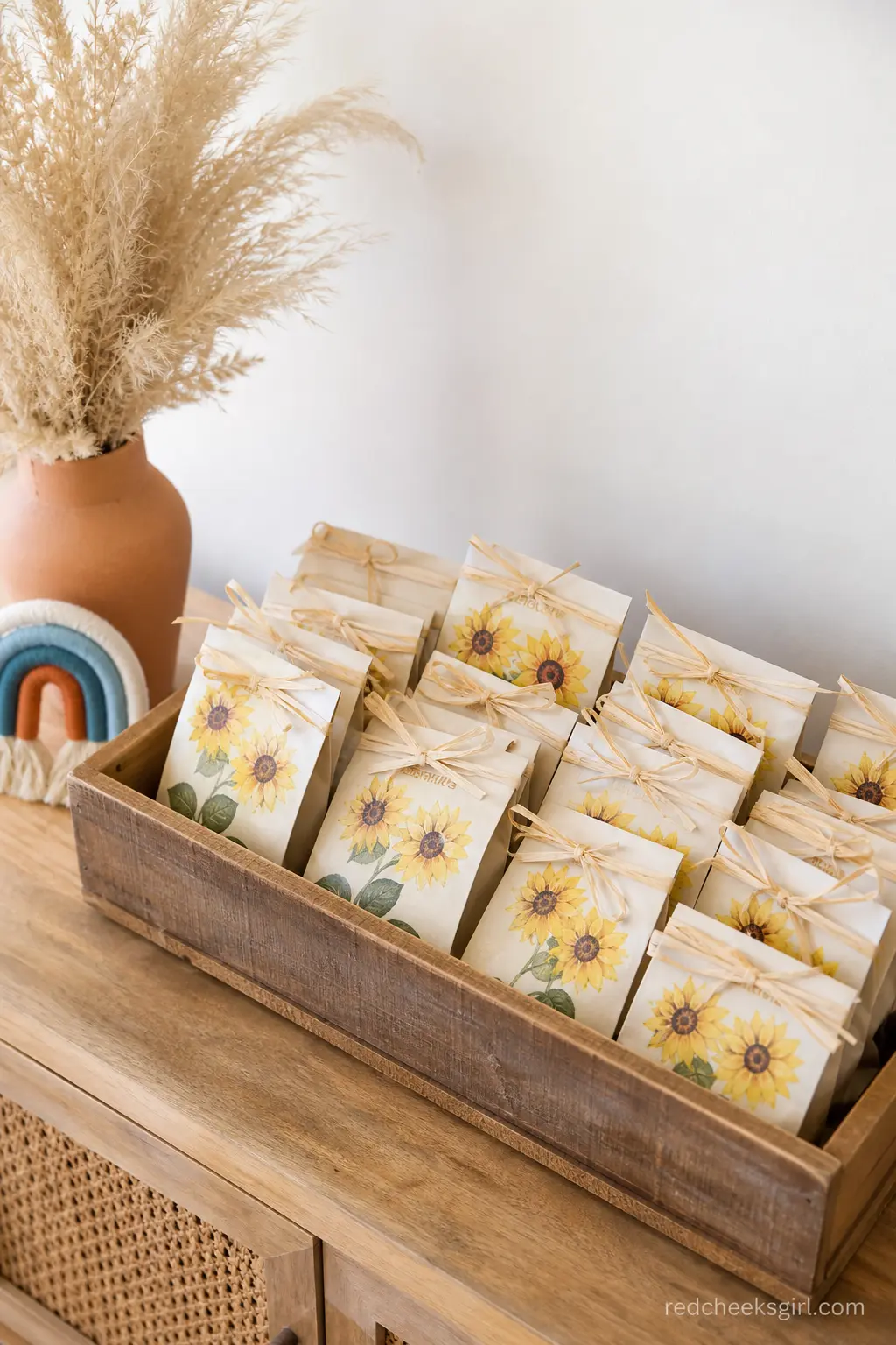 Sunflower Seed Packet Favor Display — A shallow wooden crate filled with rows of sunflower seed packets, each tied with a thin raffia bow, gives guests a favor