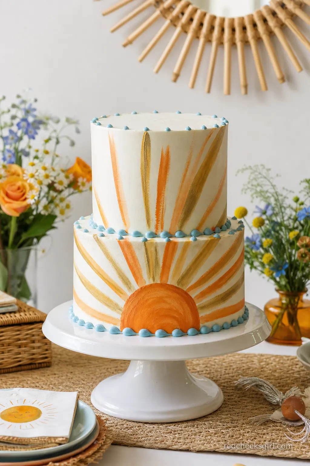 Two-Tier Sunburst Buttercream Cake — A two tier cake with hand-painted buttercream rays in orange and gold, finished with small sky blue piped dots around the