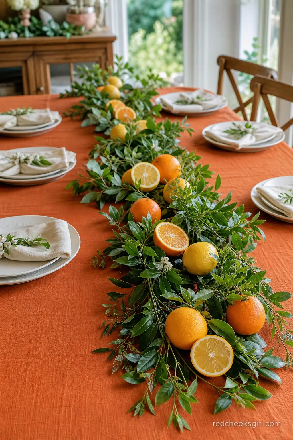 Citrus Grove Table Runner — A long orange tablecloth topped with a garland of fresh citrus, lemons, limes and small oranges tucked among green leaves, brings