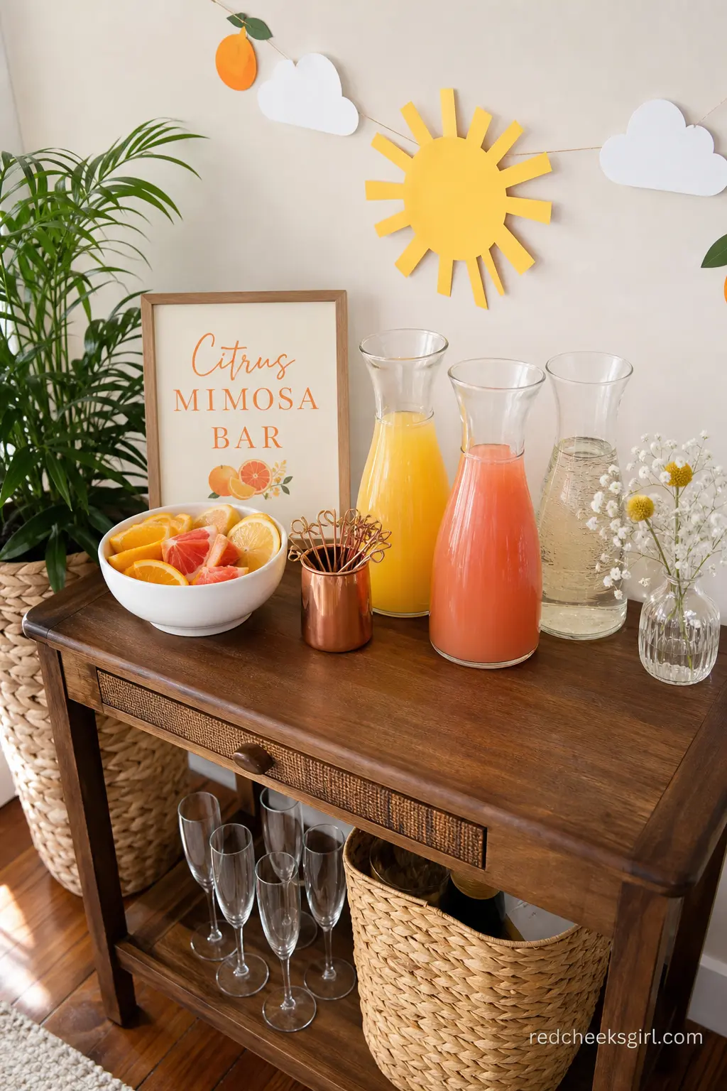 Citrus Mimosa Bar — A small drinks table with orange, grapefruit and passion fruit juices in glass carafes, copper picks and a bowl of fresh citrus wedges