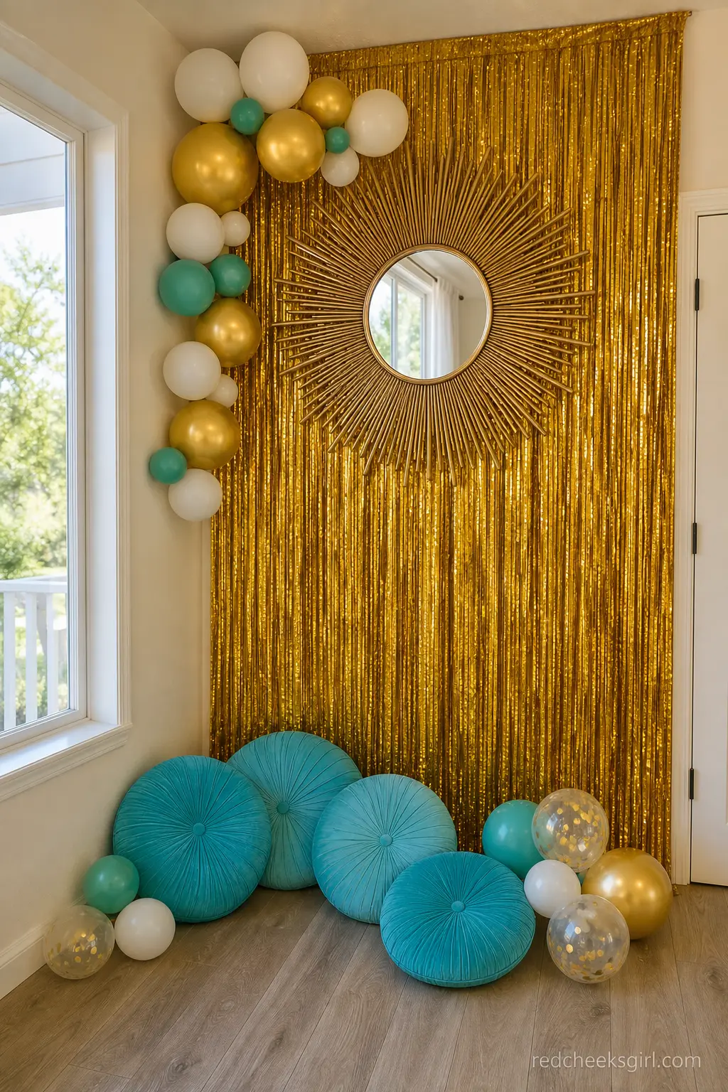 Fringe Curtain and Sunburst Mirror Corner — A metallic gold fringe curtain hung floor to ceiling behind a single oversized sunburst mirror turns a plain corner