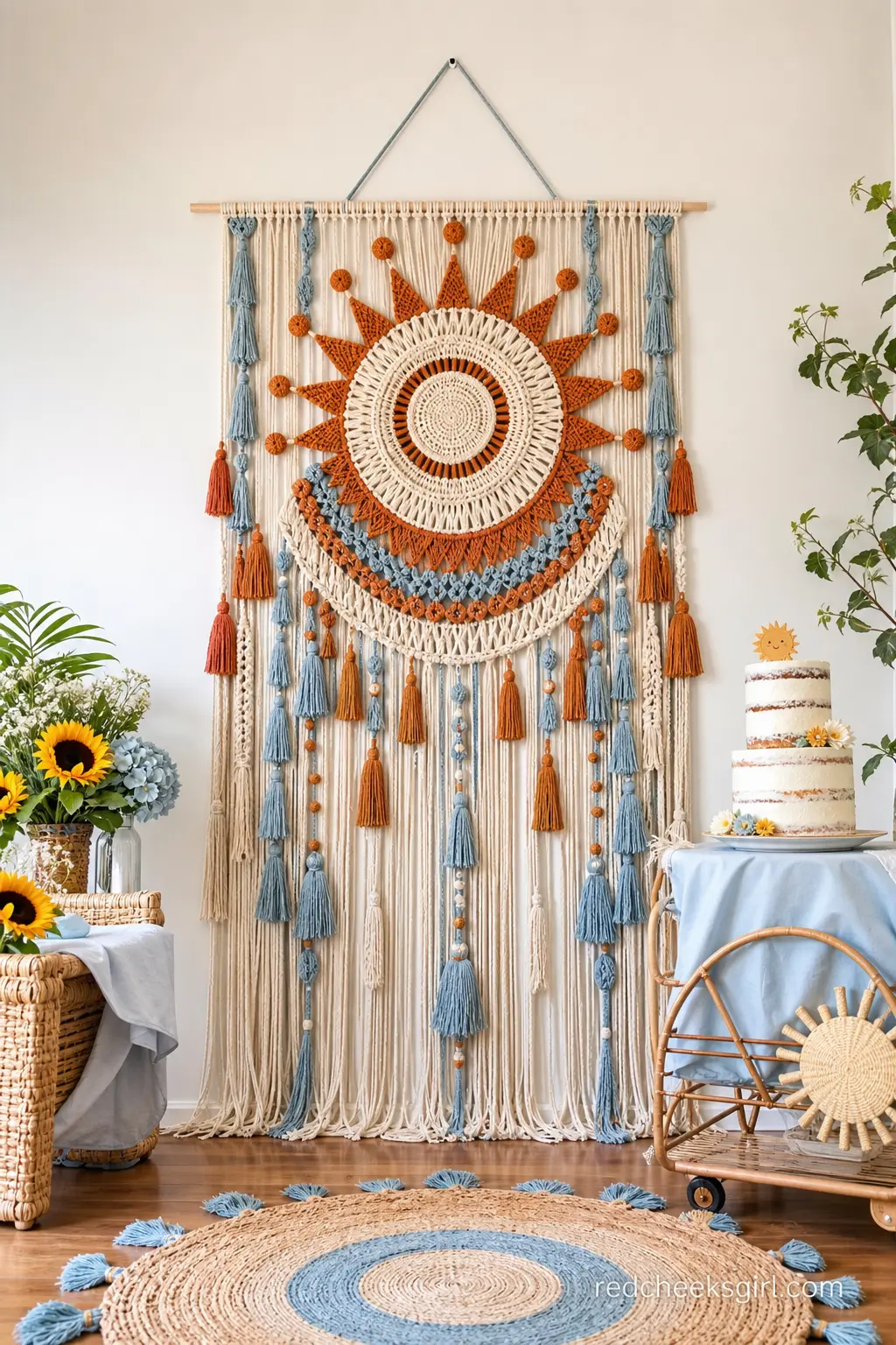 Macrame Sunburst Wall Backdrop — A large woven macrame sunburst on a plain wall gives the room texture without a single balloon. Here comes the sun baby shower