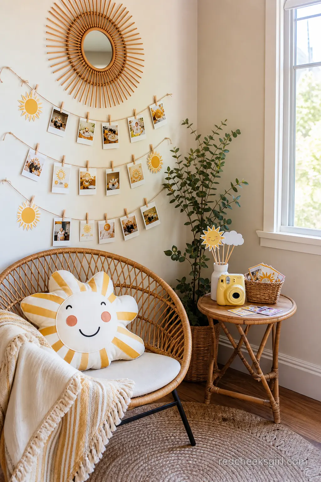 Polaroid Photo Moment Corner — A rattan chair set against a sunburst mirror, with an instant camera and a small basket of prints on a side table, turns one