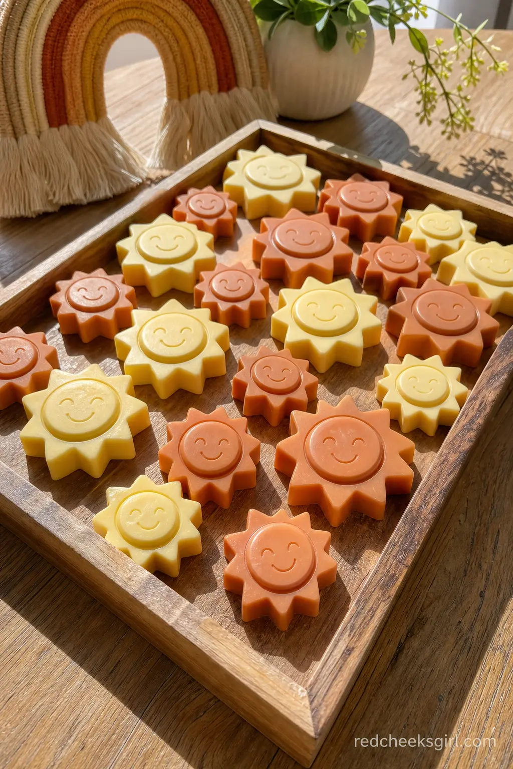 Sun Soap Favor Display — Small sun shaped soaps in butter yellow and terracotta, laid out in rows on a wooden tray near the exit, make an easy grab and go
