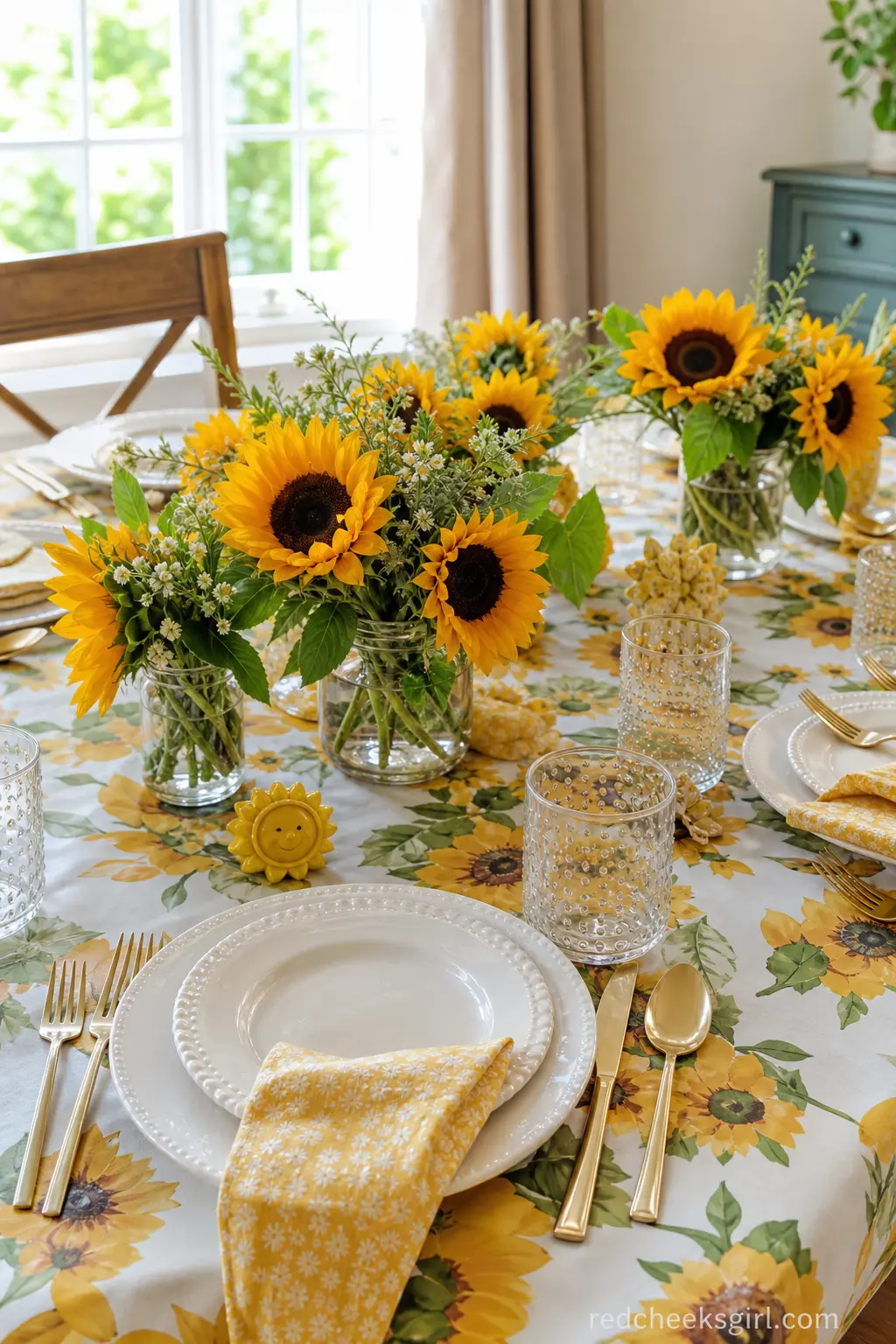 Sunflower Brunch Table — A brunch setting built around loose sunflower stems in low glass jars, scattered rather than arranged, feels less formal than a single
