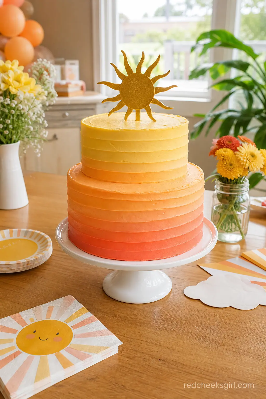 Two Tier Ombre Sunrise Cake — An ombre buttercream cake moving from coral at the base to golden yellow at the top, finished with a small gold sun topper, makes