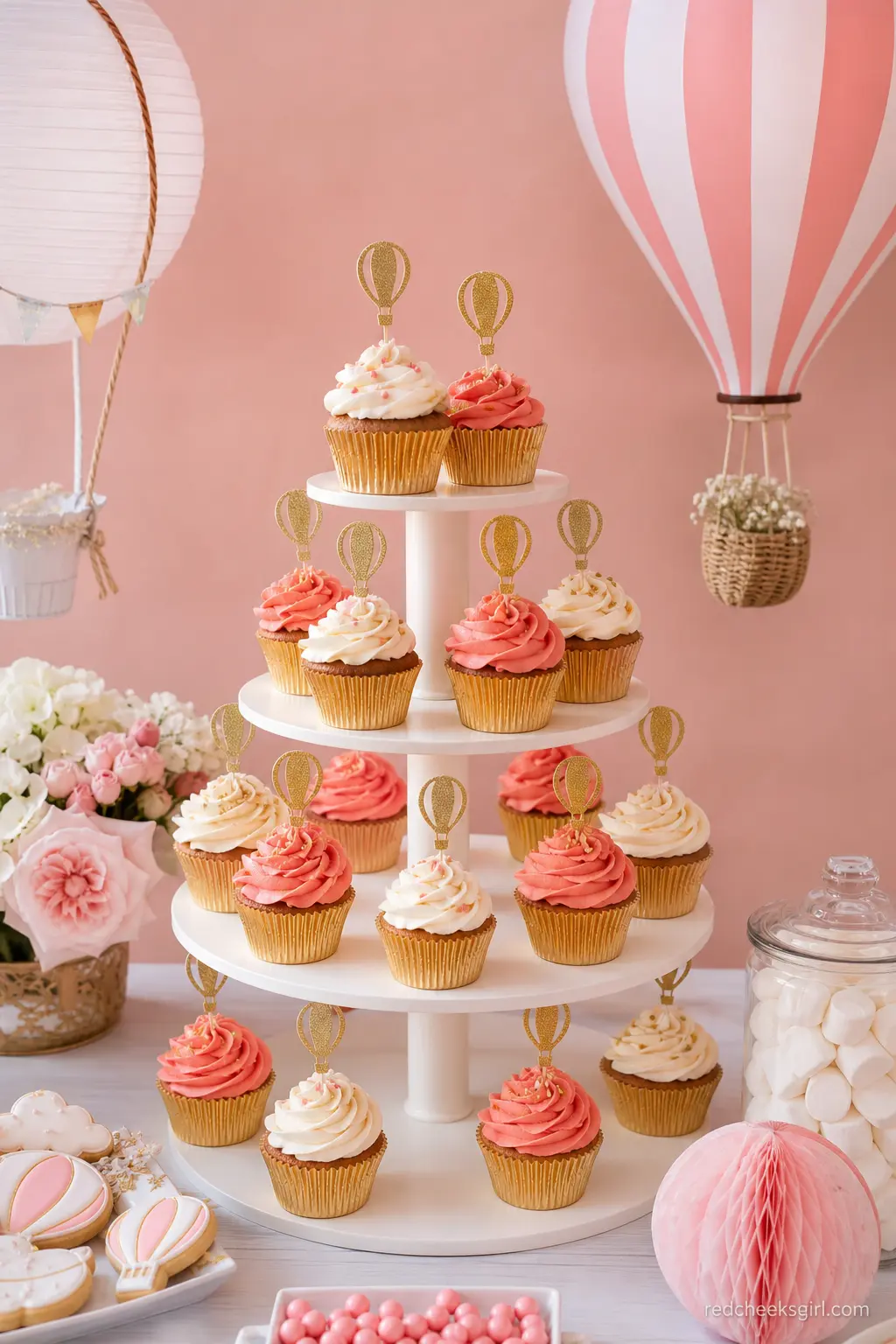 Coral And Cream Cupcake Tower — A cupcake tower is the fastest dessert table to pull together when the schedule is tight: bakery cupcakes, a coral and cream