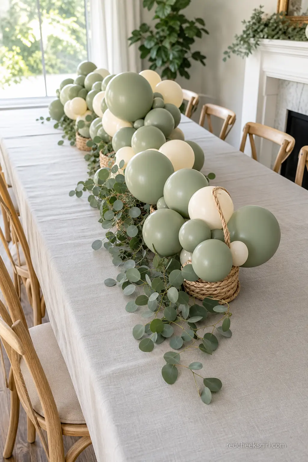 Sage And Cream Balloon Basket Runner — Running a trail of small balloon baskets down the center of a long table, threaded through with eucalyptus, reads as