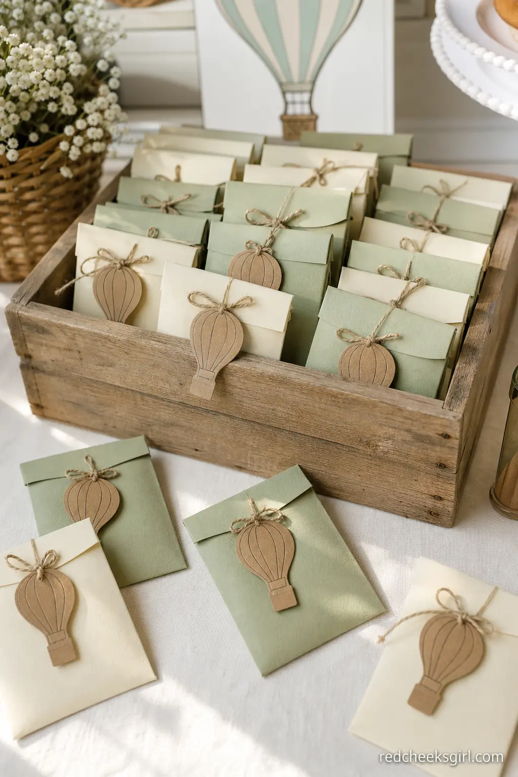 Sage And Cream Seed Packet Favors — A wooden crate of sage and cream seed packets, each tagged with a small kraft paper balloon, gives guests something to