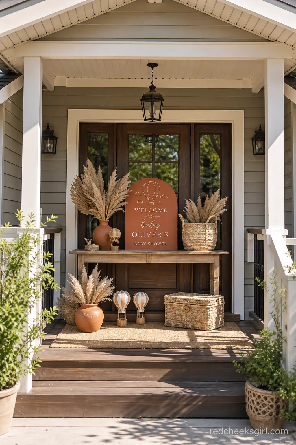 Terracotta And Pampas Welcome Table — A small welcome table by the front door does a lot of work for very little effort: one sign, one bundle of dried pampas