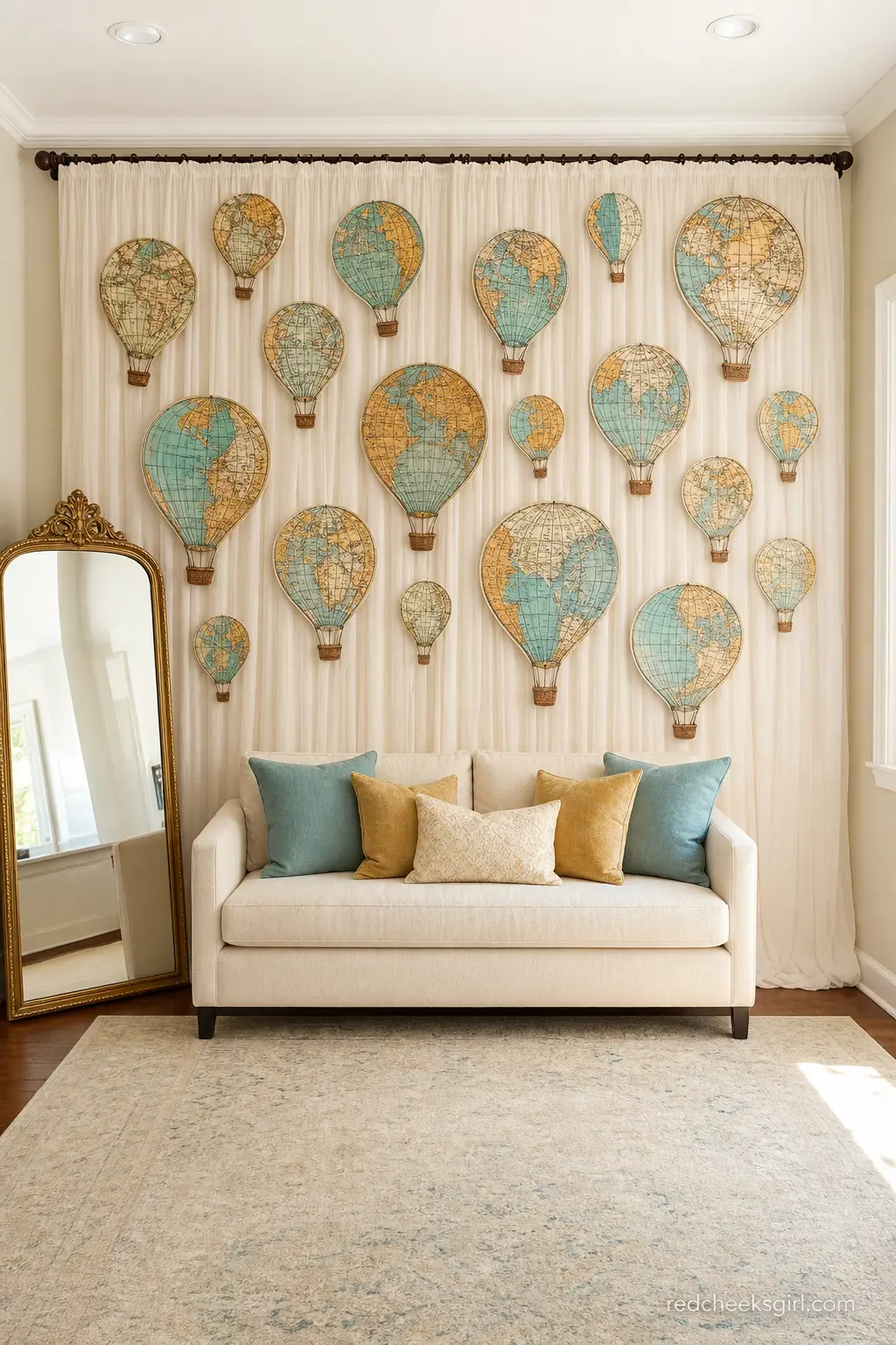 Vintage Map Balloon Backdrop — Vintage map fabric cut into hot air balloon shapes and pinned across a curtain backdrop gives the travel angle without a single