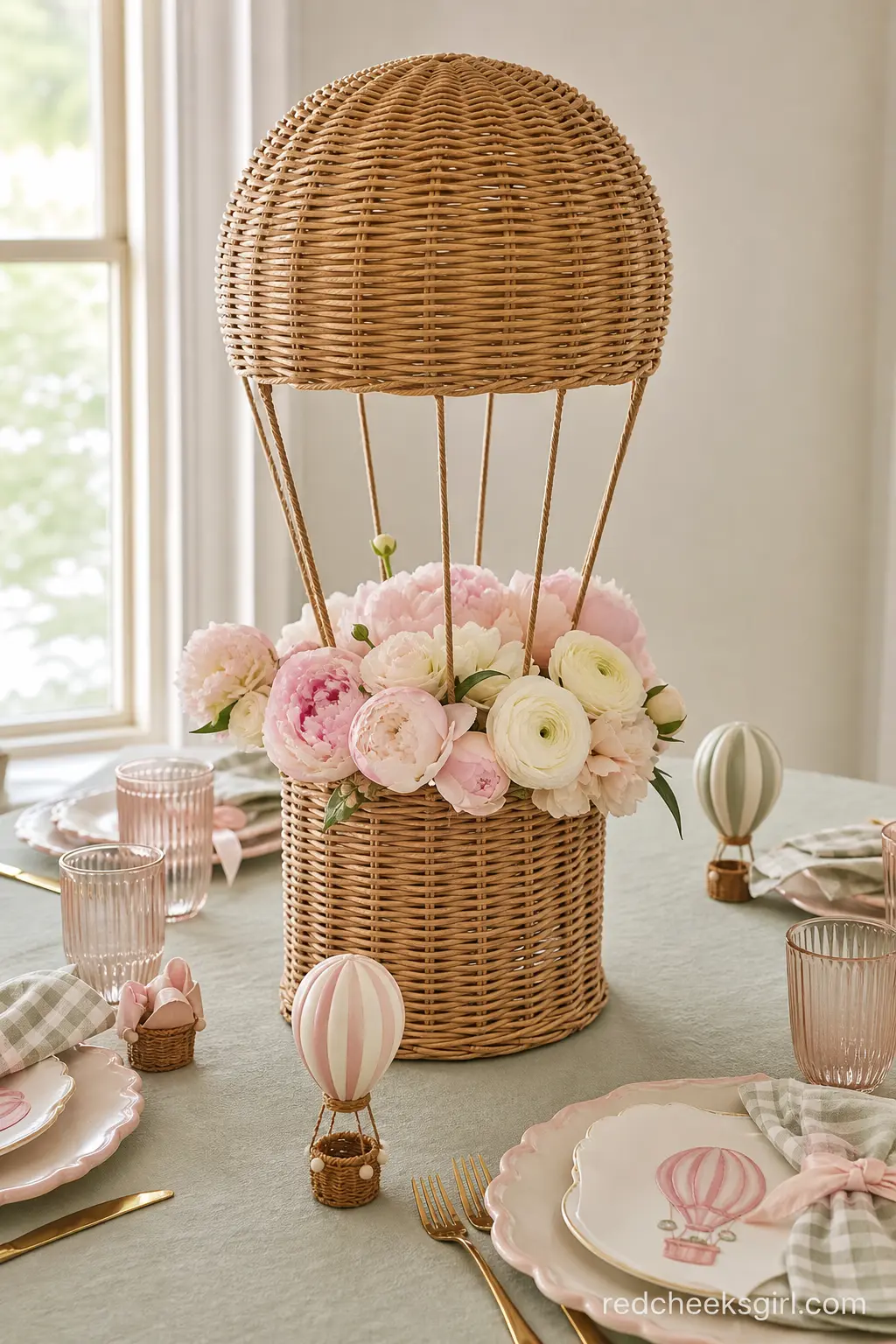 Wicker Balloon Centerpiece With Peonies — A wicker hot air balloon basket filled with faux peonies and ranunculus is the single most reusable piece on this