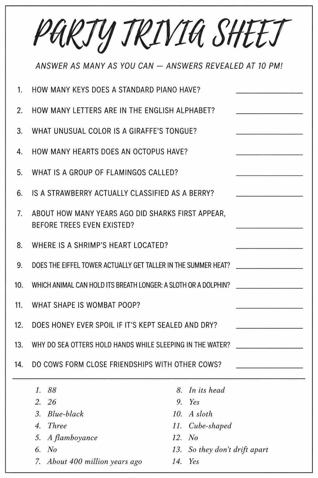 Party Trivia Sheet printable