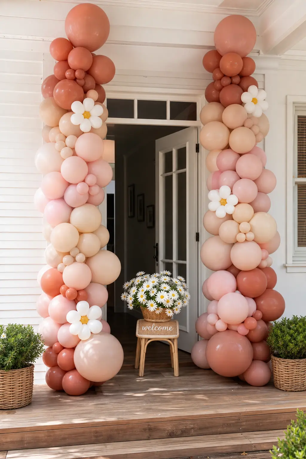 Balloon Column Duo at the Entrance — Two matching columns flanking a doorway frame the entrance the way a full arch would, but take up a fraction of the wall
