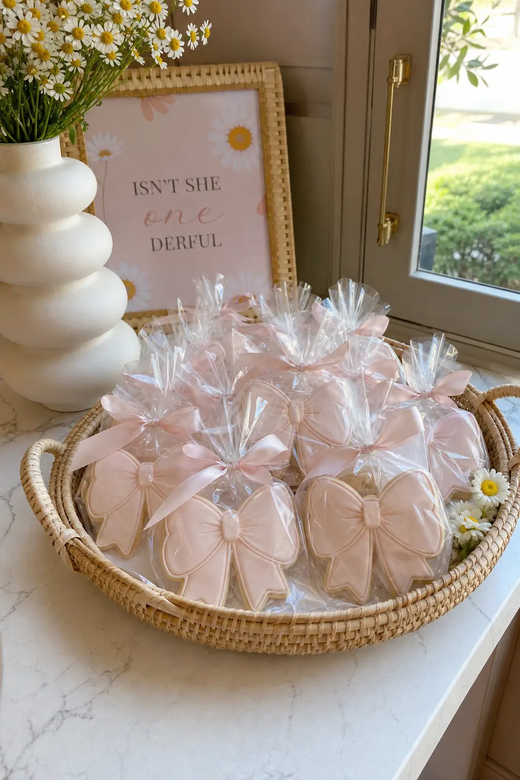 Bow Shaped Cookie Favor Bags — A single wrapped cookie shaped like a bow does double duty as dessert and favor, which cuts down on how much you need to bake or
