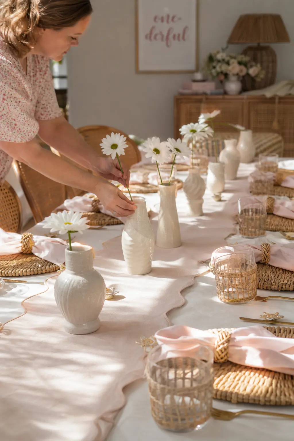 Bud Vase Runner Down the Guest Table — One flower per vase is the trick here: it costs a fraction of a full arrangement and reads as more considered than a