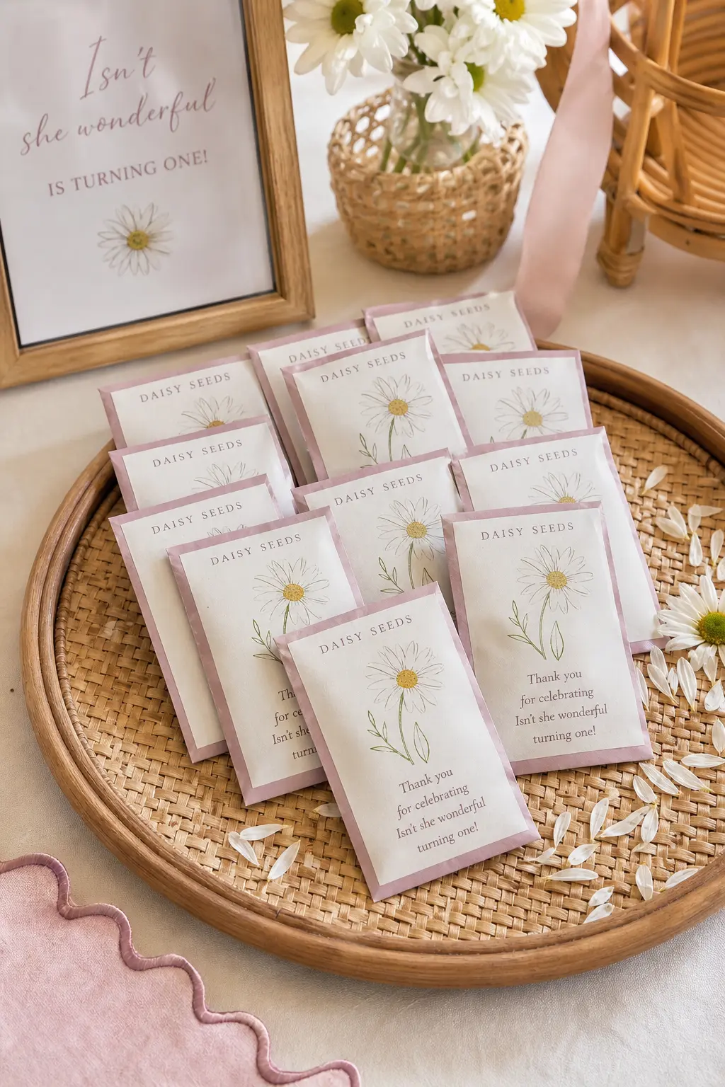 Daisy Seed Packet Favors — Seed packets weigh nothing, cost very little in bulk and give guests something to plant at home, which keeps the daisy theme going