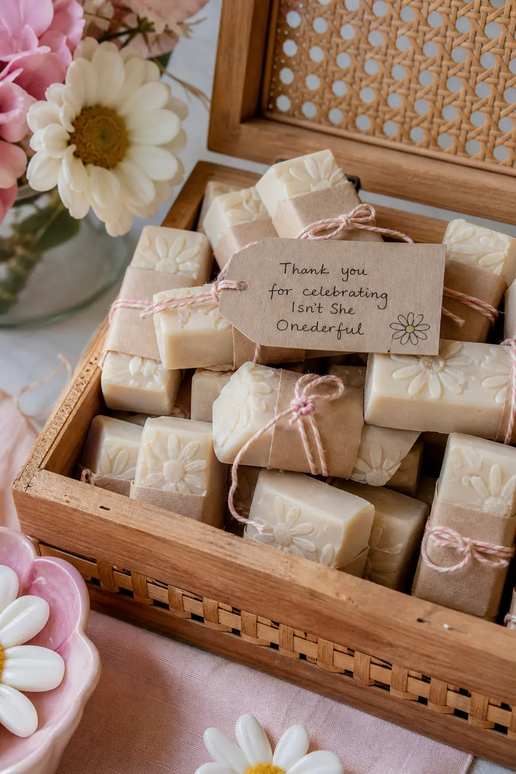 Daisy Stamped Soap Favors — A small soap bar gets used, unlike most party favors, and a daisy stamp on the surface is enough branding without a printed label