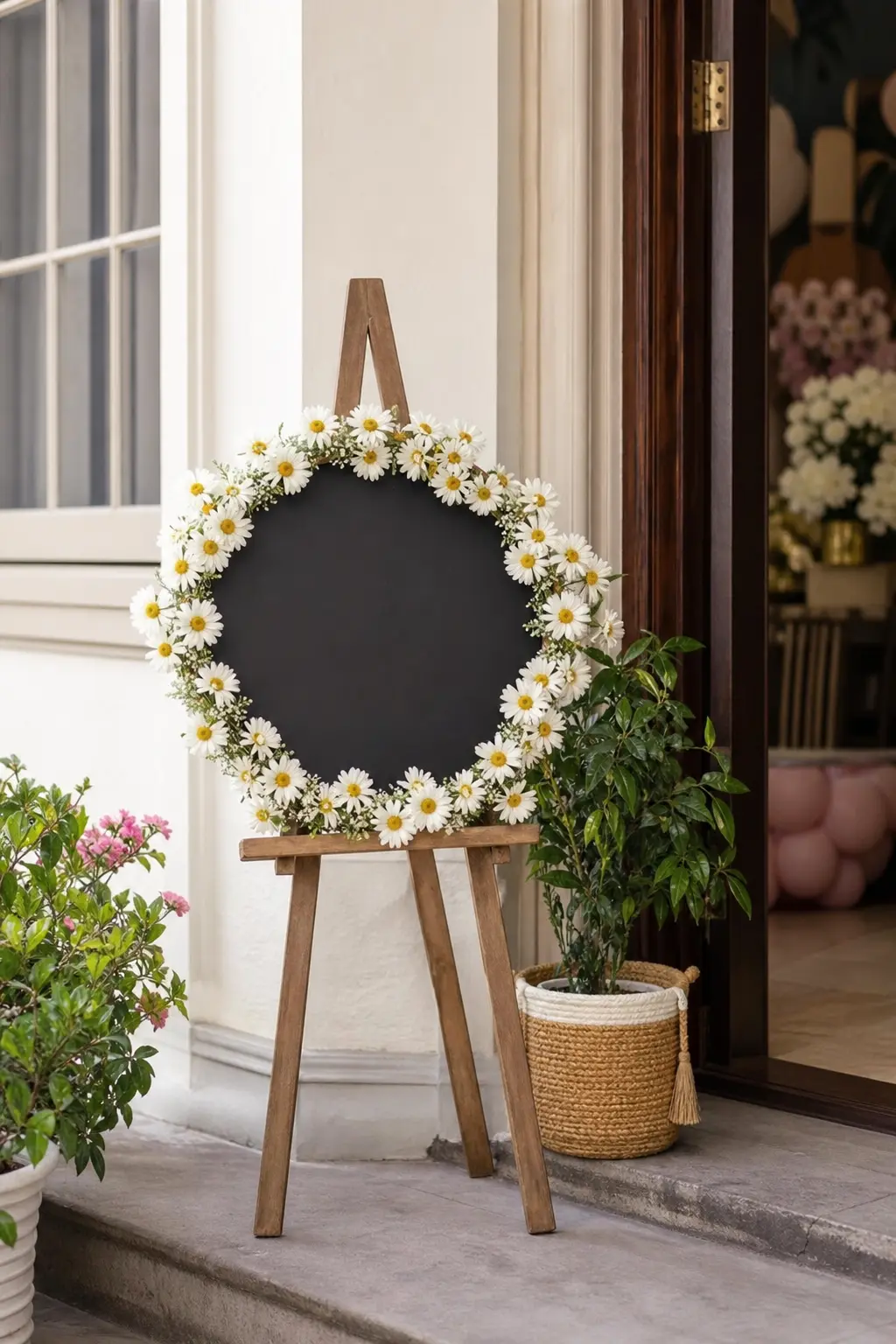 Daisy Wreath Easel at the Entrance — A chalkboard framed with a fresh daisy wreath does the job of a welcome sign without needing a printer or a design file