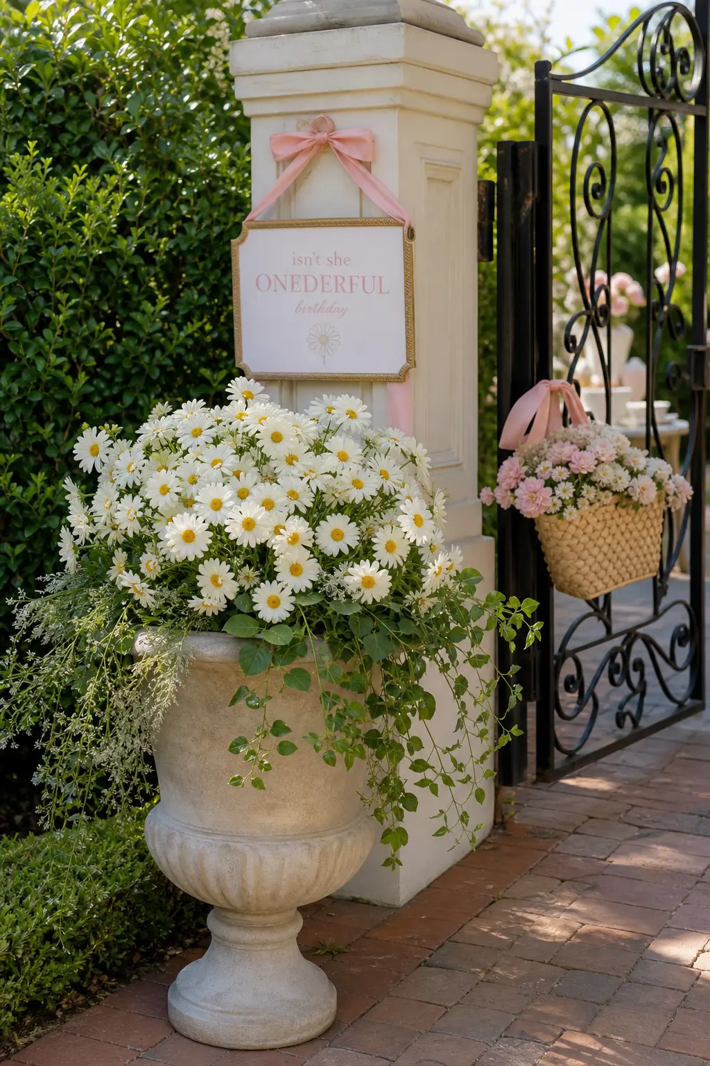 Daisy-Planted Urn at the Entrance — For a backyard or garden party, a planted urn at the gate does what an indoor centerpiece cannot: it greets people before