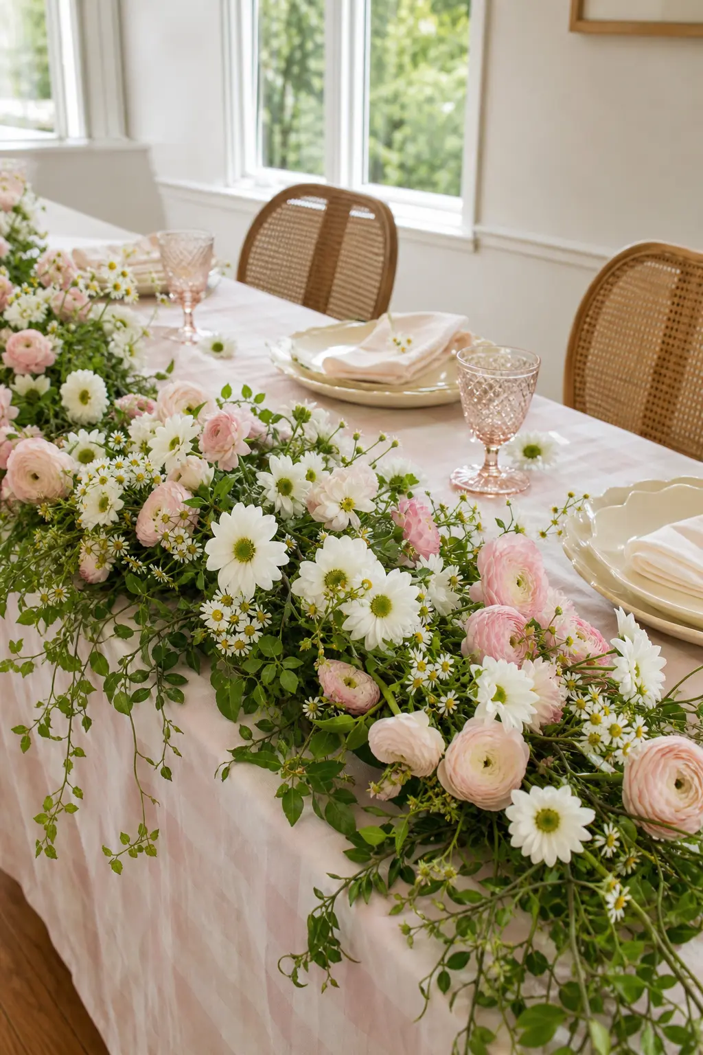 Fresh Floral Table Runner — Running a low garland of daisies and ranunculus along the front edge of the table, rather than down the center, keeps sightlines