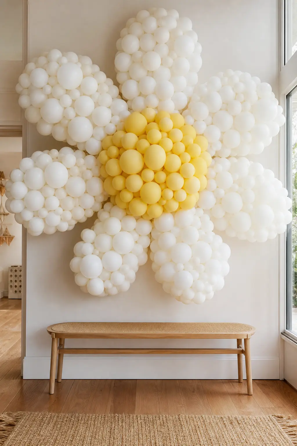 Giant Daisy Balloon Mosaic Wall — Instead of a floral centerpiece for the theme's namesake flower, build the daisy itself out of small round balloons. Isn't