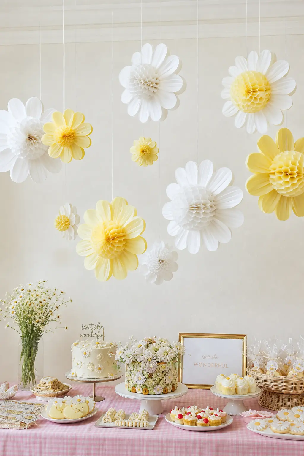 Hanging Paper Daisy Installation — For a rented hall or a room with no wall space to spare, hanging oversized paper daisies from the ceiling puts the decor
