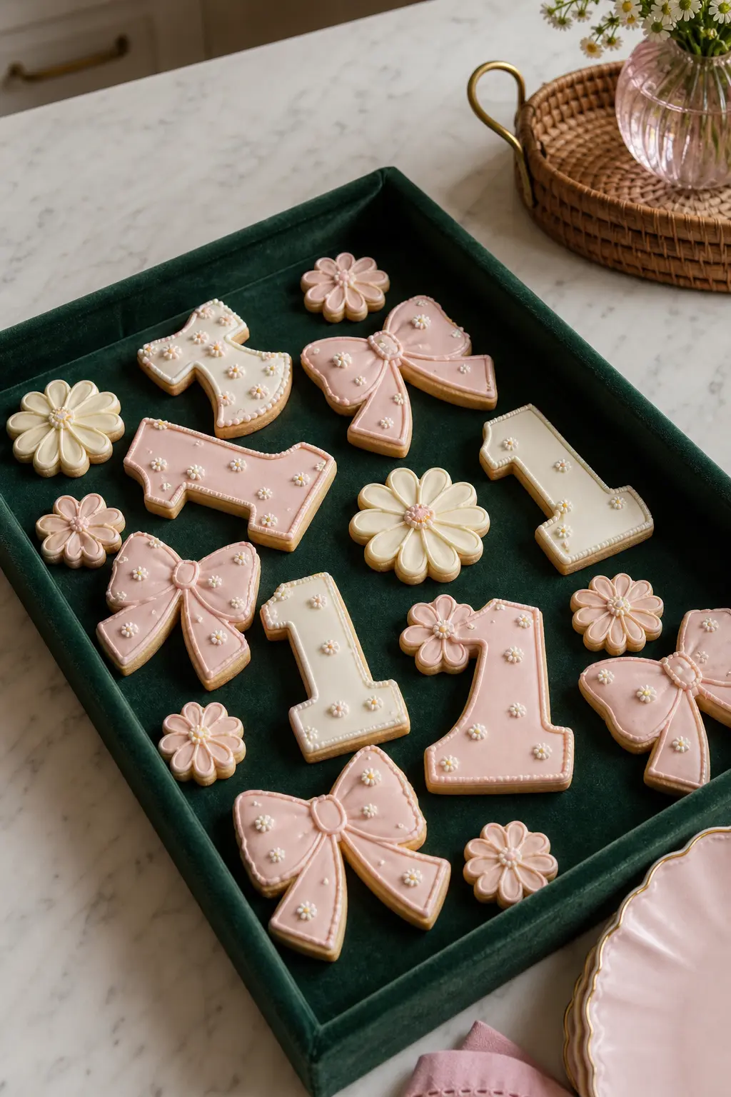 Iced Cookie Flight on a Velvet Tray — Grouping a bow, a daisy and a numeral one cookie together on one tray tells the whole theme in a single bite sized set