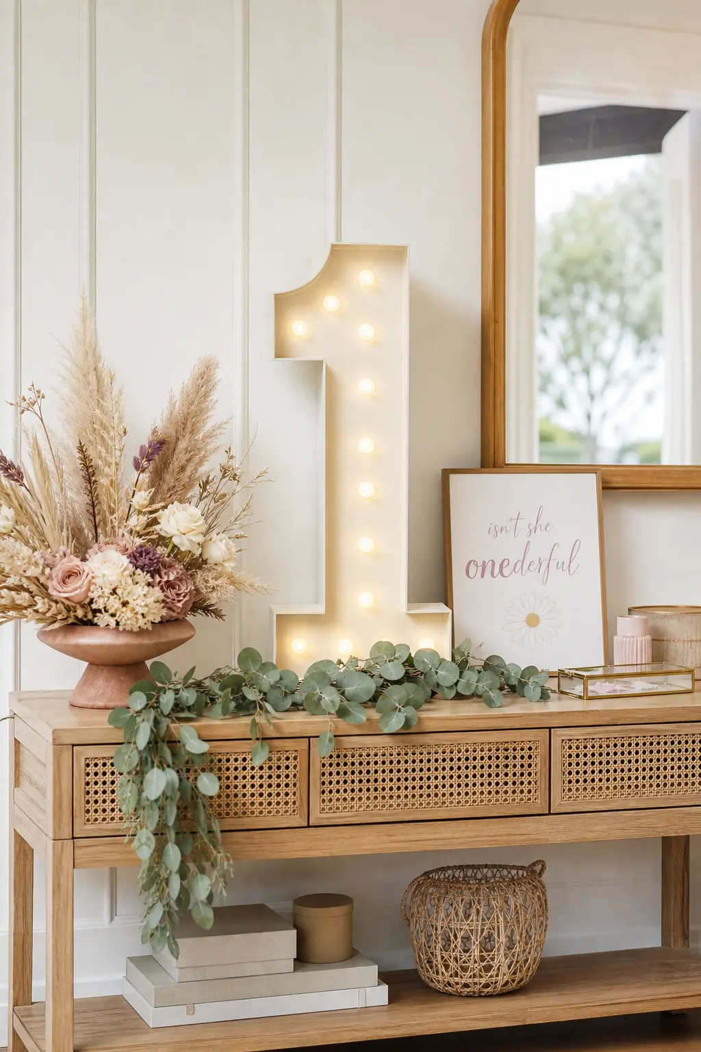 Marquee Numeral One Welcome Display — A warm bulb marquee numeral does the job of a big sign without a single printed word, which means it works for any