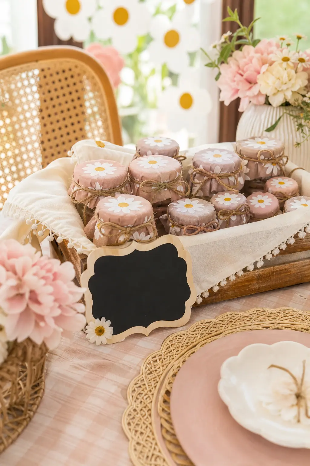 Mini Jam Jars With Daisy Print Lids — A small jar of jam is an edible favor that survives the car ride home better than most baked goods, and a fabric lid in