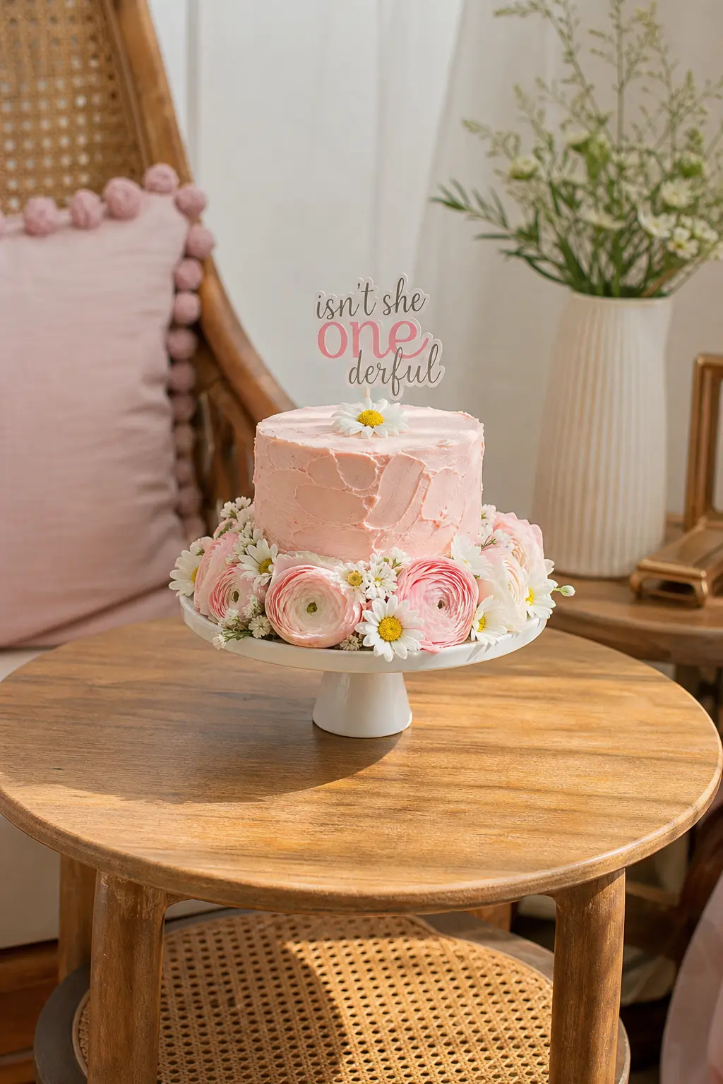 Mini Smash Cake on a Floral Collar — A separate mini cake for the birthday girl keeps the main cake untouched for photos and gives her own spot its own small